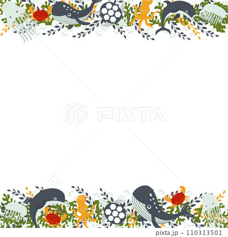 A composition template of marine inhabitants and plants, ideal for postcards, prints A composition template of marine inhabitants and plants, ideal for postcards, prints 110313501