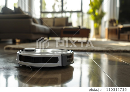 リビングの床を掃除するロボット掃除機：AI生成画像 110313736