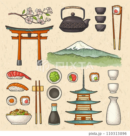 Set Japan. Fuji, pagoda, sushi, sakura. Vintage engraving 110313896