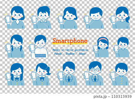 A collection of illustrations for operating a smartphone. People of various generations. 110313939
