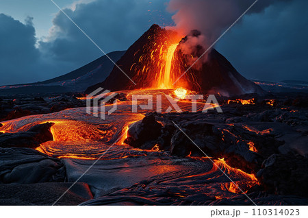 ハワイ火山国立公園の流れ出す溶岩：AI生成画像のイラスト素材