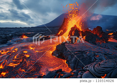 ハワイ火山国立公園の流れ出す溶岩:AI生成画像 ハワイ火山国立公園の流れ出す溶岩:AI生成画像 110314026