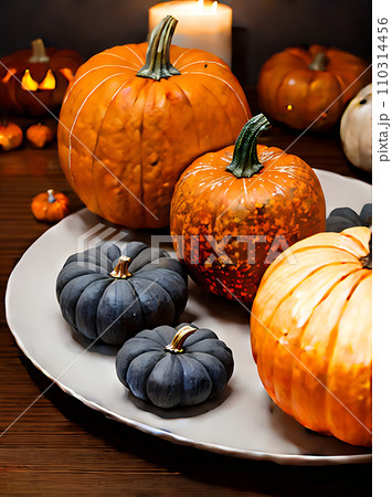Realistic pumpkin Halloween neutral palette warm lighting. 110314456