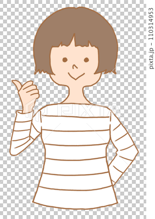 片手でグッドするショートヘアの女性 110314953