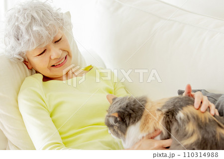 家で猫を抱っこする日本人シニア女性(猫・飼い主) 家で猫を抱っこする日本人シニア女性(猫・飼い主) 110314988
