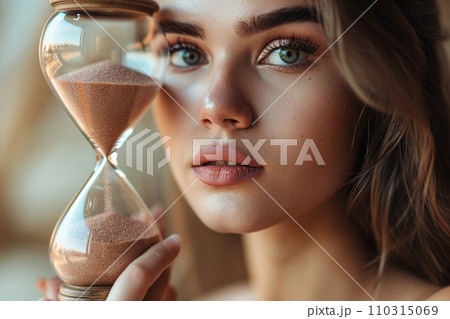 Young woman holding hourglass. Aging process and youth concept, stop the time, anti aging treatment, beauty and cosmetics. Young girl portrait with smooth clean skin and perfect soft makeup. Young woman holding hourglass. Aging process and youth concept, stop the time, anti aging treatment, beauty and cosmetics. Young girl portrait with smooth clean skin and perfect soft makeup. 110315069