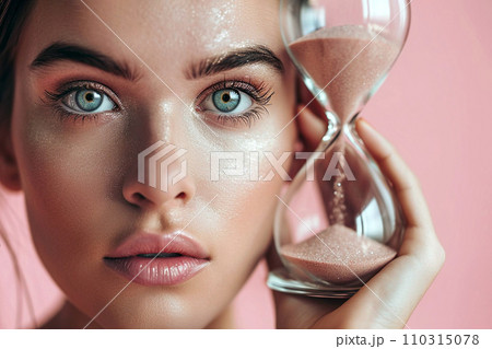 Young woman holding hourglass. Aging process and youth concept, stop the time, anti aging treatment, beauty and cosmetics. Young girl portrait with smooth clean skin and perfect glowing makeup Young woman holding hourglass. Aging process and youth concept, stop the time, anti aging treatment, beauty and cosmetics. Young girl portrait with smooth clean skin and perfect glowing makeup 110315078