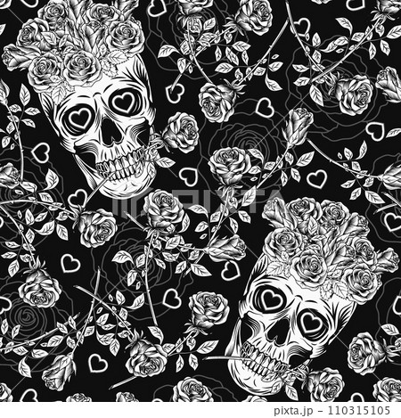 Black and white pattern with skull like cup full of roses, scattered roses with stem. Gothic love illustration. For clothing, t shirt design, engagement event, Valentines Day, gift decoration. 110315105