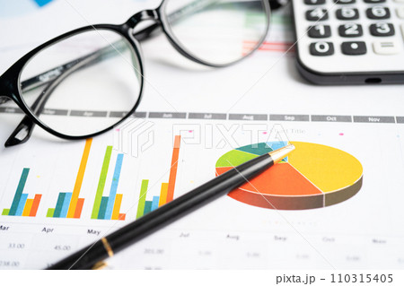 Eyeglass with calculator on chart graph paper. Finance, account, statistic, investment data economy, stock exchange business. Eyeglass with calculator on chart graph paper. Finance, account, statistic, investment data economy, stock exchange business. 110315405