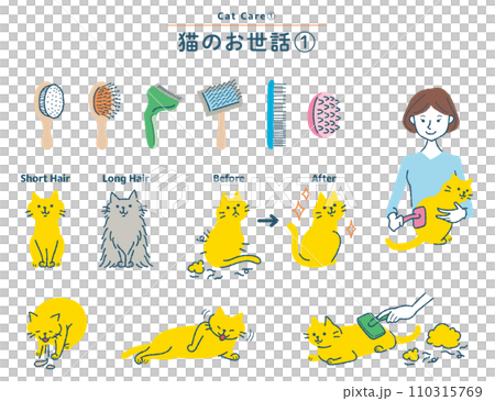 猫のブラッシングに関するイラストセット 猫のブラッシングに関するイラストセット 110315769