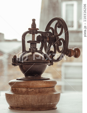 Antique coffee bean original grinder metal shake wheel with hand crank. Antique coffee bean original grinder metal shake wheel with hand crank. 110316206