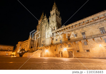 Santiago de Compostela Cathedral at night. Cathedral of Saint James pilgrimage. Obradoiro square 110316883