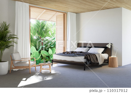 Modern contemporary loft style bedroom with tropical garden view 3d render 110317012