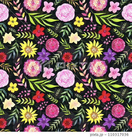 Seamless floral pattern with bright multicolored watercolor flowers and leaves on a dark background Seamless floral pattern with bright multicolored watercolor flowers and leaves on a dark background 110317036