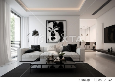 Apartment with living room in beige, white colors. Generative AI 110317132