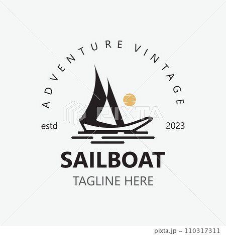Sailboat vintage logo minimalist with wave, travel yacth or sailing boat vector design Sailboat vintage logo minimalist with wave, travel yacth or sailing boat vector design 110317311