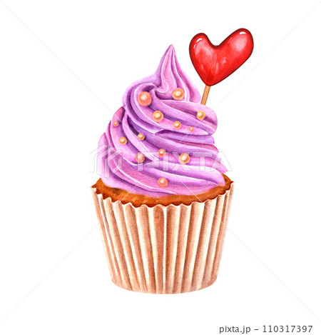 Muffin decorated with pink whipped cream and sweet sprinkles. Dragee, candy, pastry. Heart-shaped caramel on stick. Cupcake in paper wrapper. Watercolor illustration. For package, menu. Muffin decorated with pink whipped cream and sweet sprinkles. Dragee, candy, pastry. Heart-shaped caramel on stick. Cupcake in paper wrapper. Watercolor illustration. For package, menu. 110317397