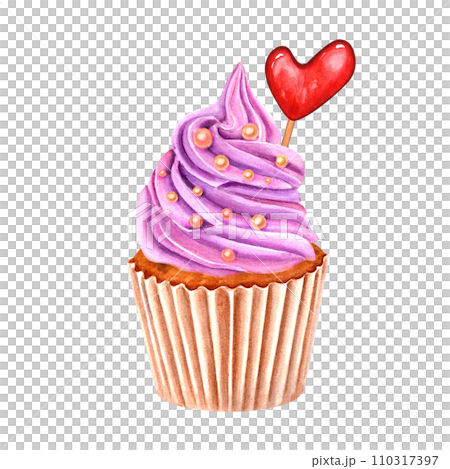 Muffin decorated with pink whipped cream and sweet sprinkles. Dragee, candy, pastry. Heart-shaped caramel on stick. Cupcake in paper wrapper. Watercolor illustration. For package, menu. Muffin decorated with pink whipped cream and sweet sprinkles. Dragee, candy, pastry. Heart-shaped caramel on stick. Cupcake in paper wrapper. Watercolor illustration. For package, menu. 110317397