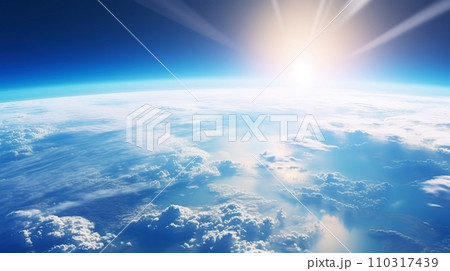 AI-generated content. A photorealistic view of the Earth from space with sunlight. Scientific astronomy. Generative AI 110317439
