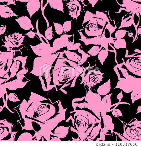 seamless graphic floral pattern black roses on pink background, texture, design 110317650