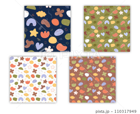 Abstract shapes patterns set. Vector seamless backgrounds with hand drawn elements. Trendy abstraction minimalist objects, decorative blobs, stains Abstract shapes patterns set. Vector seamless backgrounds with hand drawn elements. Trendy abstraction minimalist objects, decorative blobs, stains 110317949