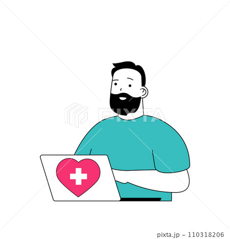 Medical concept with cartoon people in flat design for web. Man works as doctor and giving online consultations by laptop at clinic. Vector illustration for social media banner, marketing material. 110318206