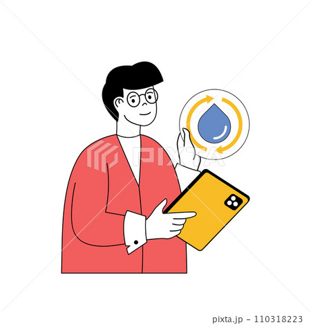 Ecology concept with cartoon people in flat design for web. Man effectively using of water resources to preserve nature at planet. Vector illustration for social media banner, marketing material. 110318223