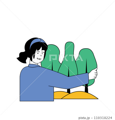 Ecology concept with cartoon people in flat design for web. Eco friendly woman protecting green forest and garden for recovery nature. Vector illustration for social media banner, marketing material. 110318224