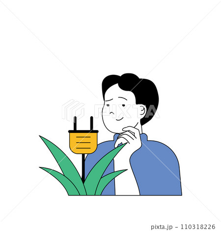 Ecology concept with cartoon people in flat design for web. Man effectively uses energy resources and getting eco clean electric. Vector illustration for social media banner, marketing material. 110318226