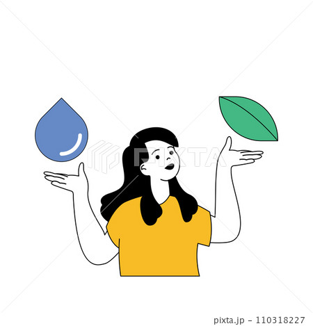 Ecology concept with cartoon people in flat design for web. Woman effectively uses resources to preserve nature and renew sources. Vector illustration for social media banner, marketing material. 110318227