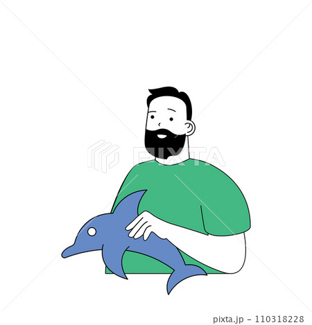 Ecology concept with cartoon people in flat design for web. Man takes care about animals, trying to save dolphins from climate change. Vector illustration for social media banner, marketing material. Ecology concept with cartoon people in flat design for web. Man takes care about animals, trying to save dolphins from climate change. Vector illustration for social media banner, marketing material. 110318228