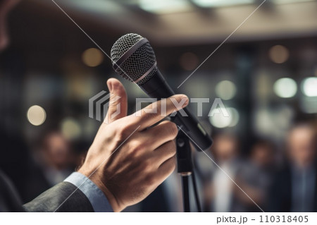 AI-generated content. Professional Media interview hand a hold microphone after a press conference AI-generated content. Professional Media interview hand a hold microphone after a press conference 110318405