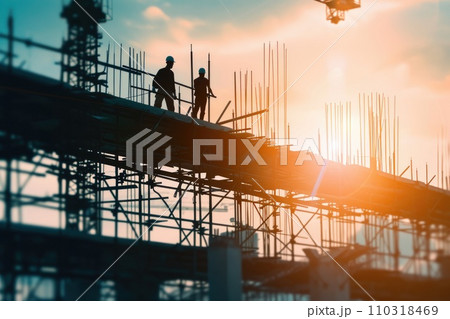 AI-generated content. Silhouette of construction workers on the construction site at sunset AI-generated content. Silhouette of construction workers on the construction site at sunset 110318469
