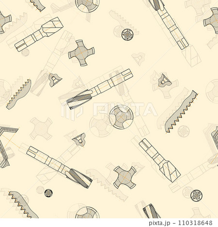 Mechanical engineering drawings on sepia background. Tap tools, borer. Technical Design. Cover. Blueprint. Seamless pattern. Vector illustration. Mechanical engineering drawings on sepia background. Tap tools, borer. Technical Design. Cover. Blueprint. Seamless pattern. Vector illustration. 110318648