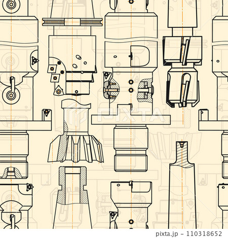 Mechanical engineering drawings on sepia background. Tap tools, borer. Technical Design. Cover. Blueprint. Seamless pattern. Vector illustration. 110318652