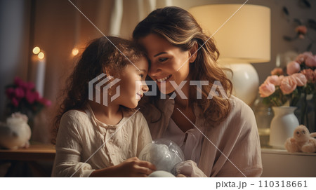 AI-generated content. A happy mother hugs her little daughter while sitting in the living room AI-generated content. A happy mother hugs her little daughter while sitting in the living room 110318661