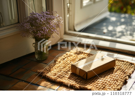 Delivered parcel on door mat near entrance. Generative AI 110318777