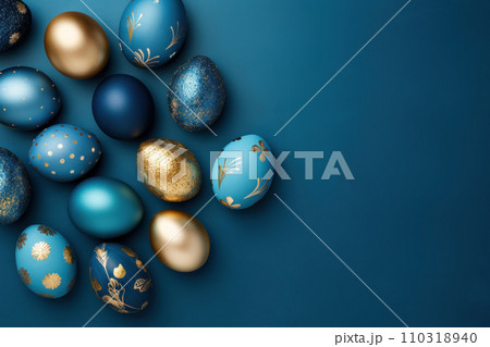 Easter frame of golden and blue eggs. Religion tradition. Generative AI 110318940
