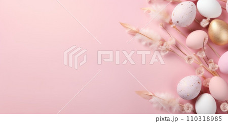 Easter pattern of pastel colorful eggs and spring tulips. Religion tradition. Generative AI 110318985