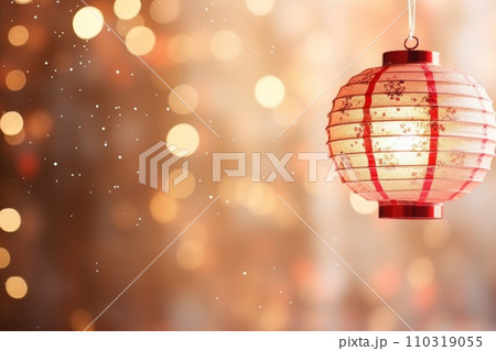 AI-generated content. Chinese New Year photo realistic Lantern on glitter gold paper Background. Generative AI 110319055