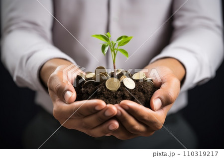 AI-generated content. Man holding hip of coins with small green seedling growing from them. Generative AI 110319217