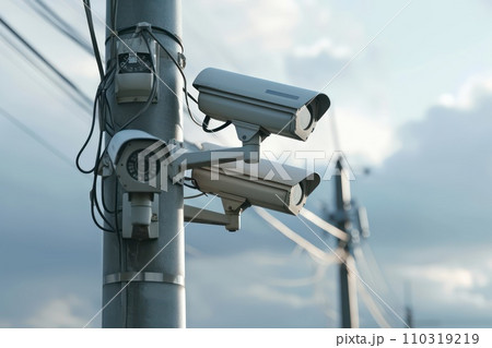 AI-generated content. Security CCTV cameras on the pole. Generative AI 110319219