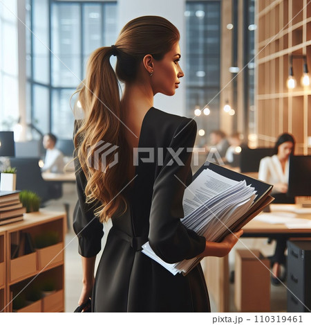 woman with documents in the office of a business center, view from the back woman with documents in the office of a business center, view from the back 110319461