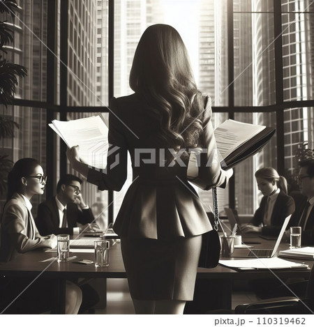 woman with documents in the office of a business center, view from the back woman with documents in the office of a business center, view from the back 110319462