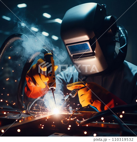 Robot welder welds a part at a factory 110319532