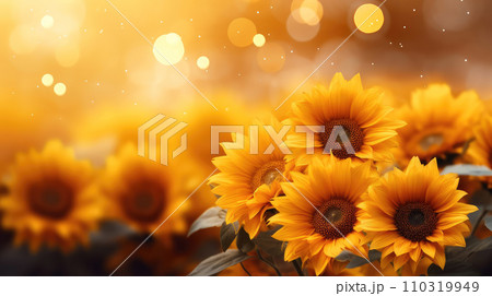 AI-generated content. Beautiful field of sunflowers close up banner, against the sun with yellow bokeh background AI-generated content. Beautiful field of sunflowers close up banner, against the sun with yellow bokeh background 110319949