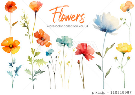 Watercolor painting of flowers and leaf. Hand drawn floral vector elements isolated on white background. Watercolor painting of flowers and leaf. Hand drawn floral vector elements isolated on white background. 110319997