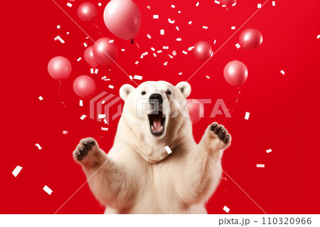 AI-generated content. White beer on a red background surrounded by multicolor balloons and confetti. Festive concept AI-generated content. White beer on a red background surrounded by multicolor balloons and confetti. Festive concept 110320966