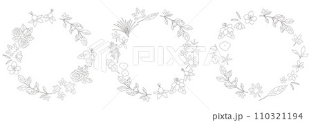 手書きの花と葉っぱの円形フレームセット　線画　植物リースのフレーム　 110321194