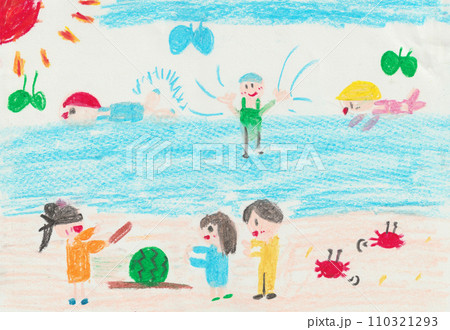 子どもが描いた海水浴の絵 110321293
